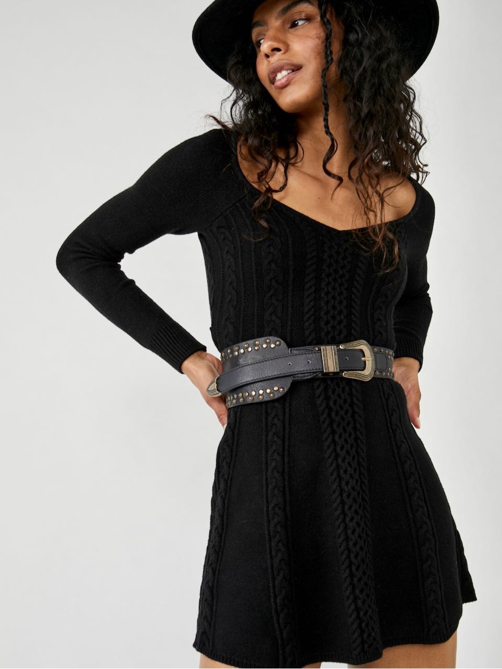 Free People Black Leather Studded Western Belt with Antiqued Gold Buckle - Picture 3 of 7